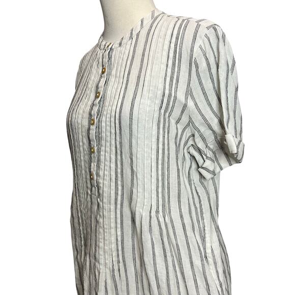 Quince Dress Small White Black Stripe Pintuck European Linen Boho Beach Pockets - Picture 4 of 15